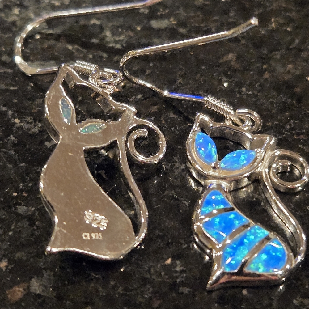 Created Blue Opaline Cat Earrings Sterling Silver Kitty Stylized Dangle … - Picture 2 of 9